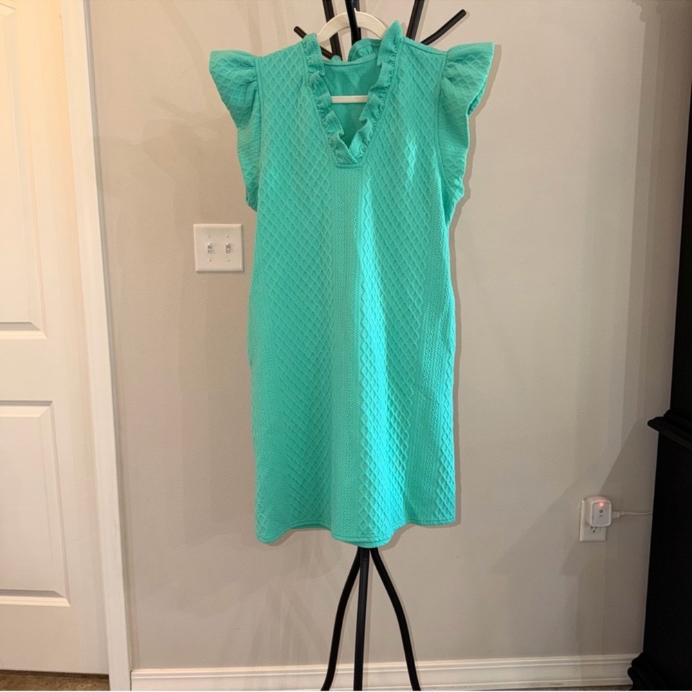 Red Dress Boutique Teal Textured Ruffle-Sleeve Mini Dress